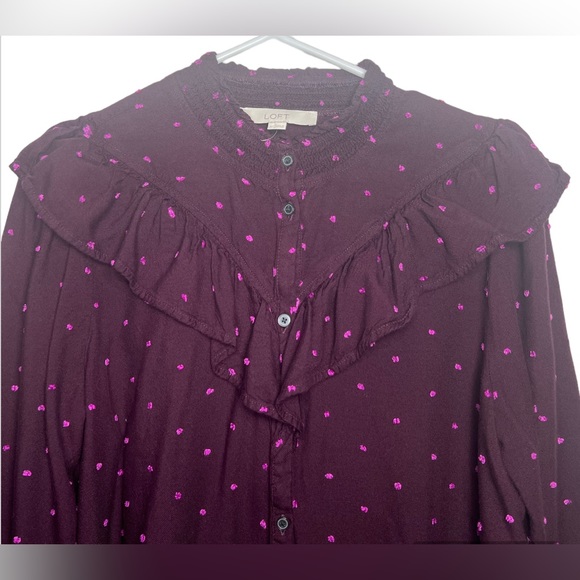 Loft Women’s Prairie Ruffle Yoke Long Sleeve Button Down Top Plum SzM - Picture 8 of 15